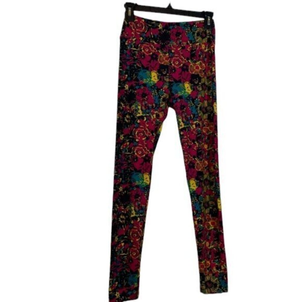 Lularoe Buttery Yoga Band Leggings Hot Pink Yellow One Size EUC #VEG-0025